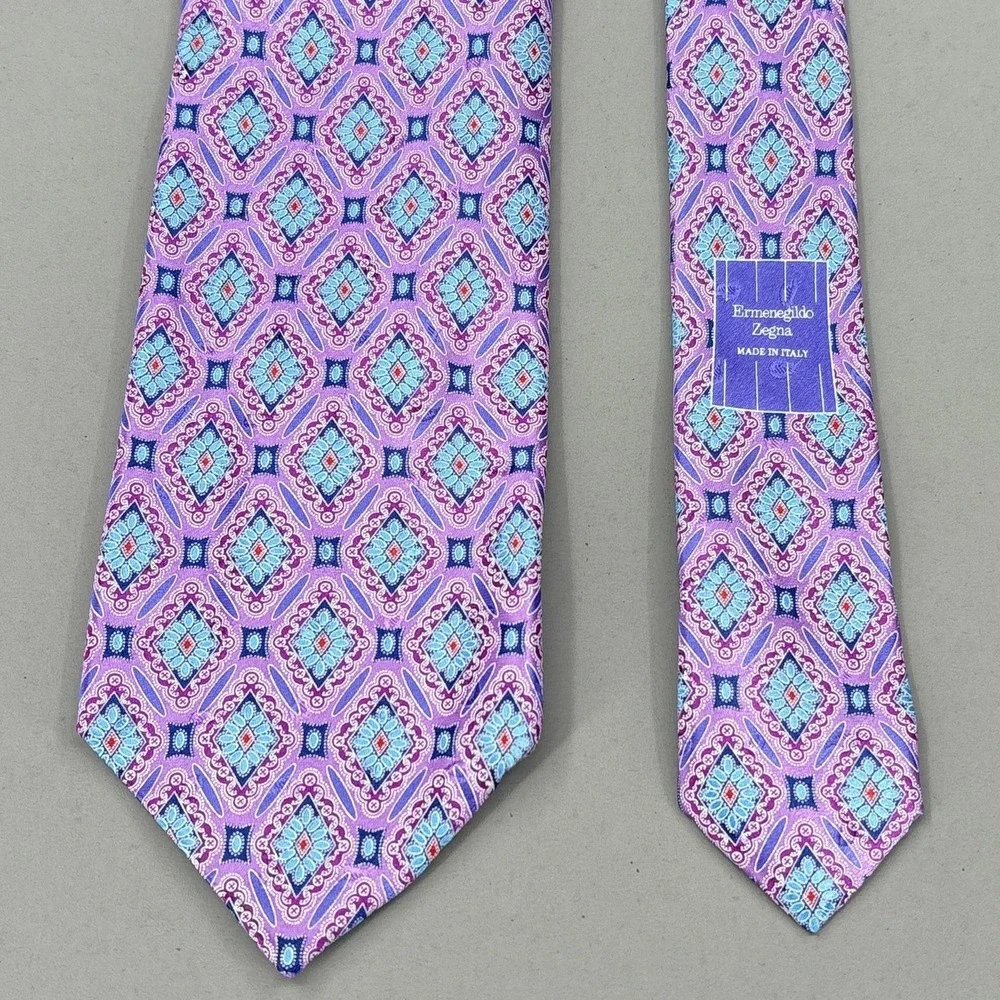 Ermenegildo Zegna Tie Purple Blue Geometric Medallion‎ Satin Silk Italy Luxury